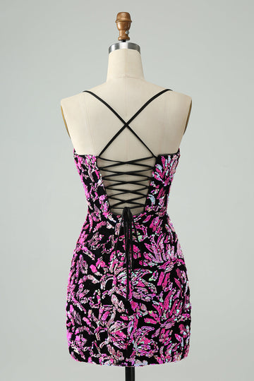 Vestido de cóctel corto con lentejuelas y tirantes finos ajustado fucsia brillante